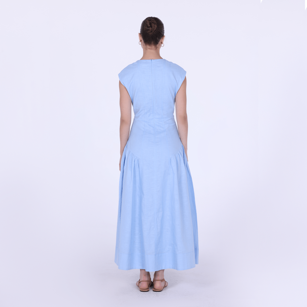 Light Blue Linen Blend Cap Sleeves Stitch A Line Dress - shopaleena