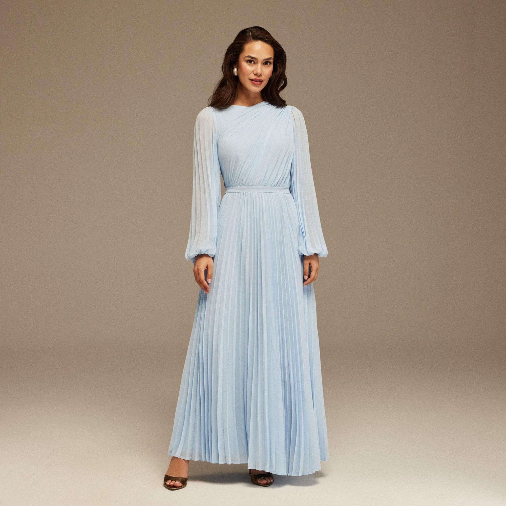 Light Blue Pleated Long Sleeve Maxi Dress - shopaleena