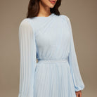 Light Blue Pleated Long Sleeve Maxi Dress - shopaleena