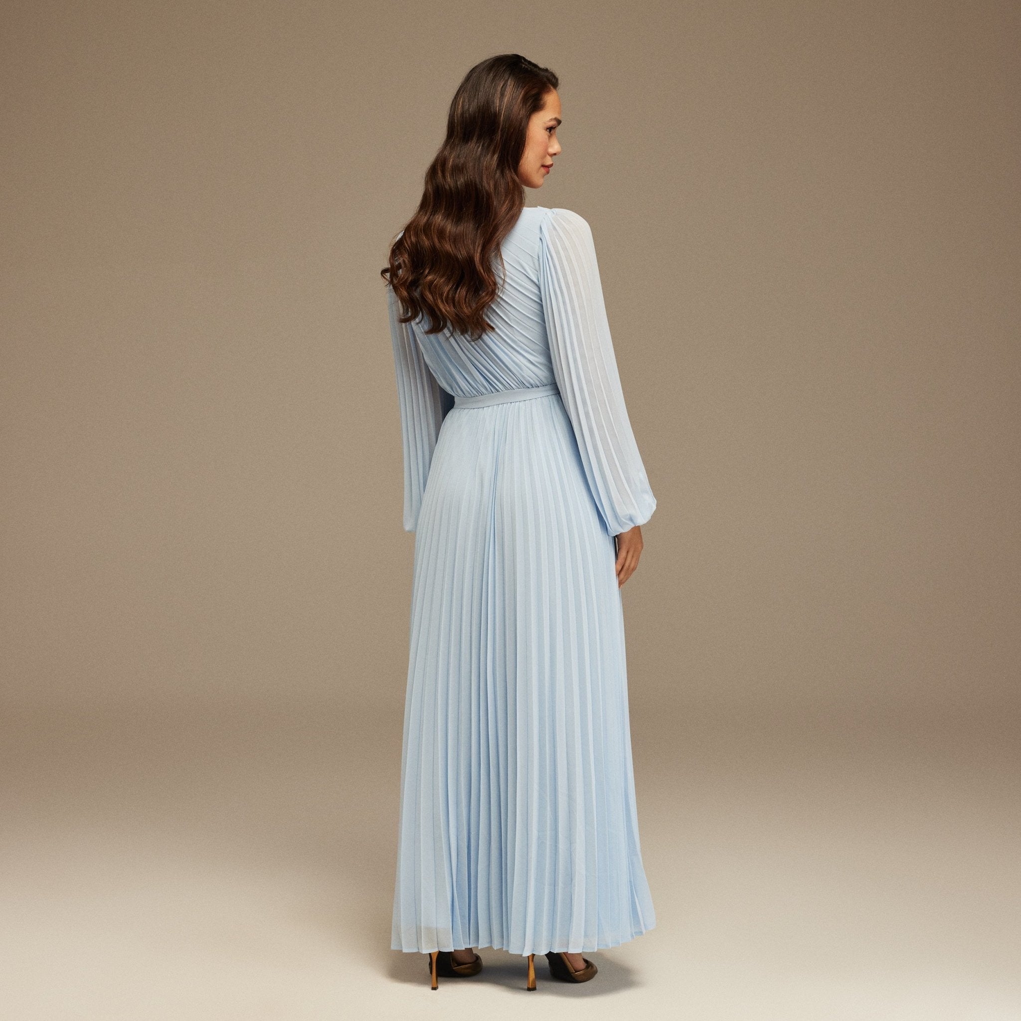 Light Blue Pleated Long Sleeve Maxi Dress - shopaleena