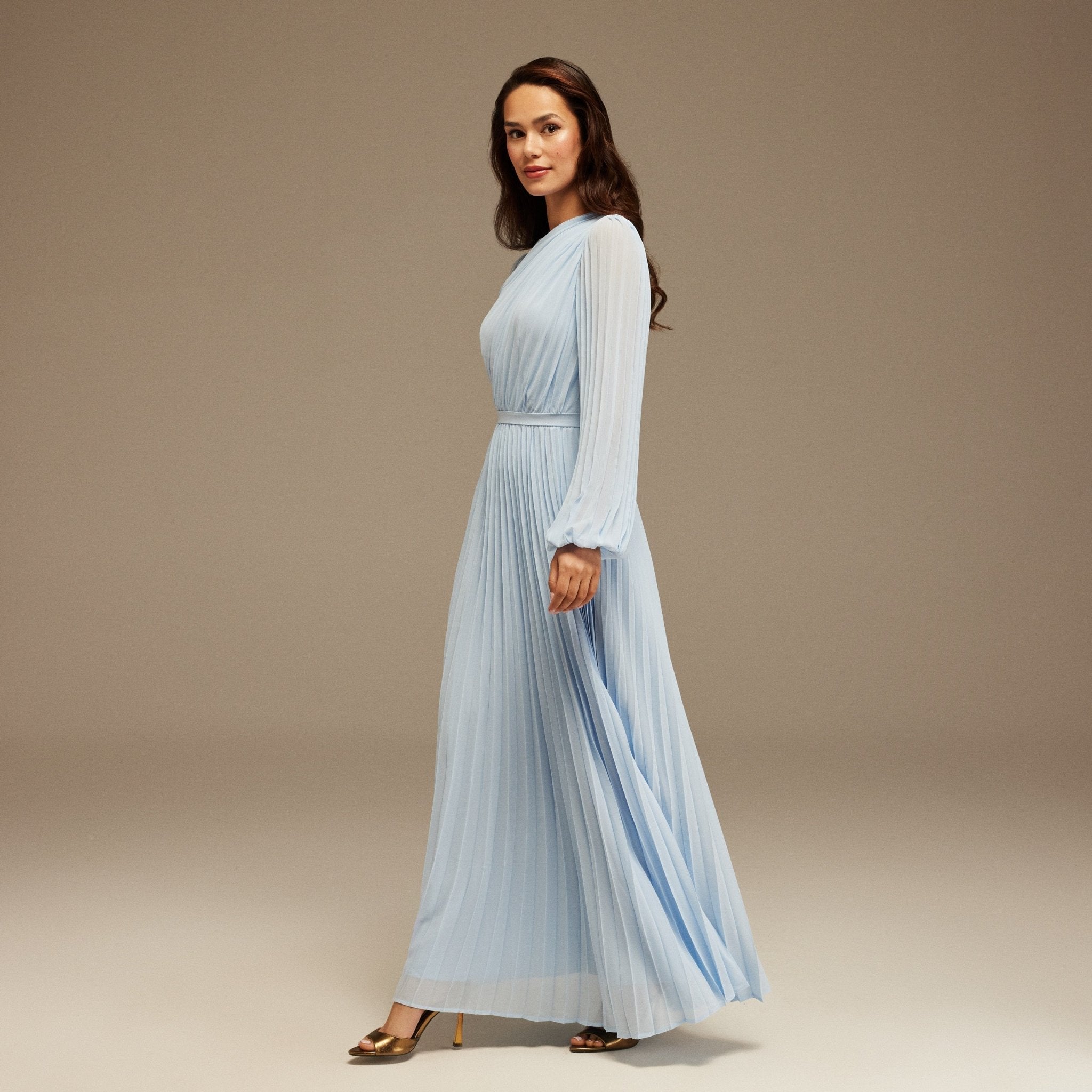 Light Blue Pleated Long Sleeve Maxi Dress - shopaleena