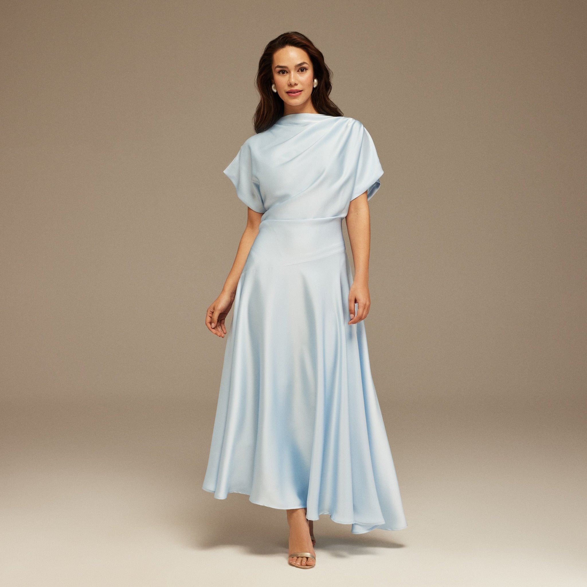 Light Blue Short Sleeve Asymmetric Satin Dress - shopaleena