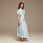 Light Blue Short Sleeve Asymmetric Satin Dress - shopaleena