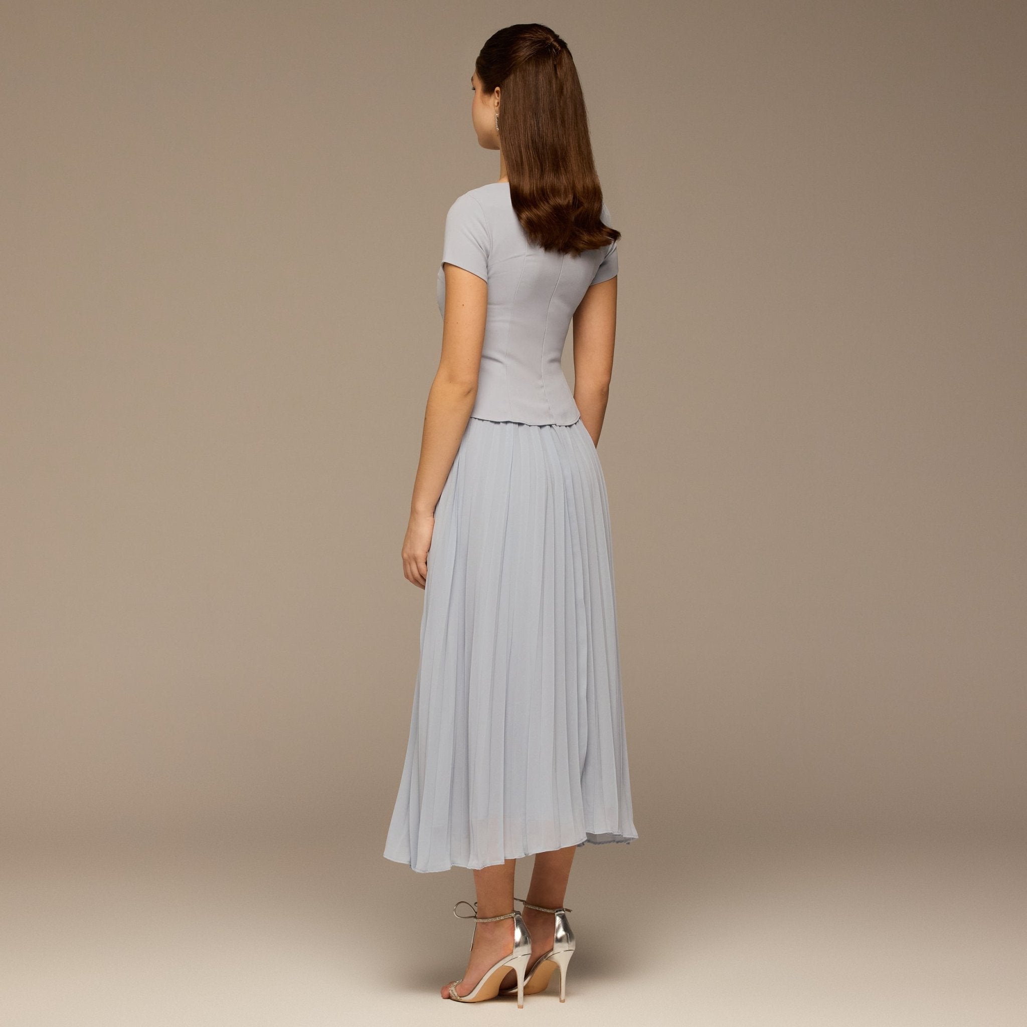 Light Blue Short Sleeve Pleated Crepe & Chiffon Dress - shopaleena