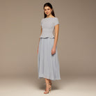 Light Blue Short Sleeve Pleated Crepe & Chiffon Dress - shopaleena