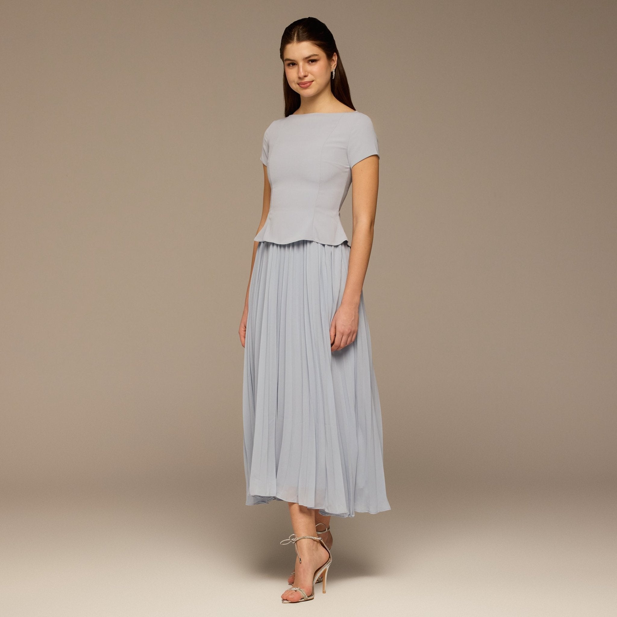 Light Blue Short Sleeve Pleated Crepe & Chiffon Dress - shopaleena