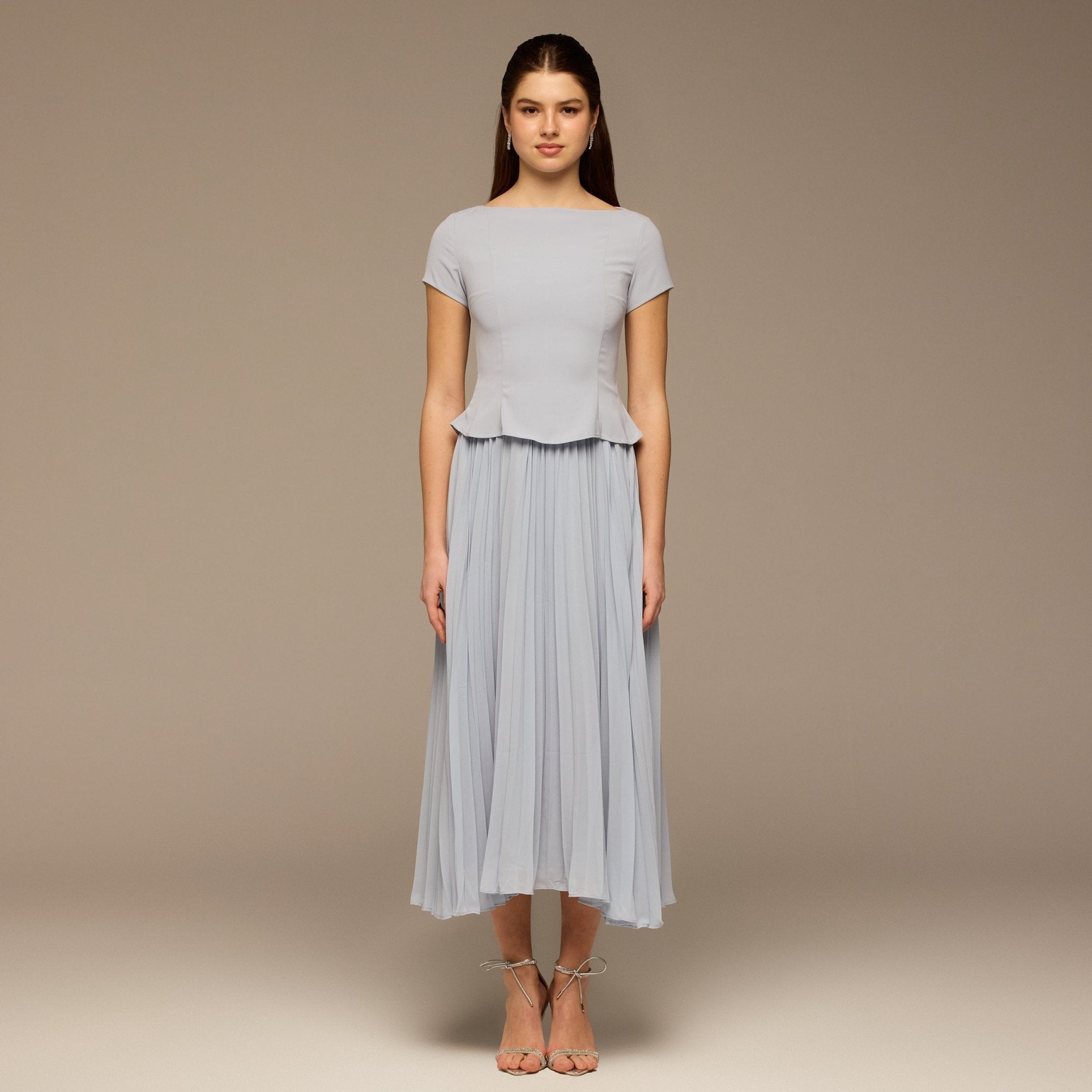 Light Blue Short Sleeve Pleated Crepe & Chiffon Dress - shopaleena