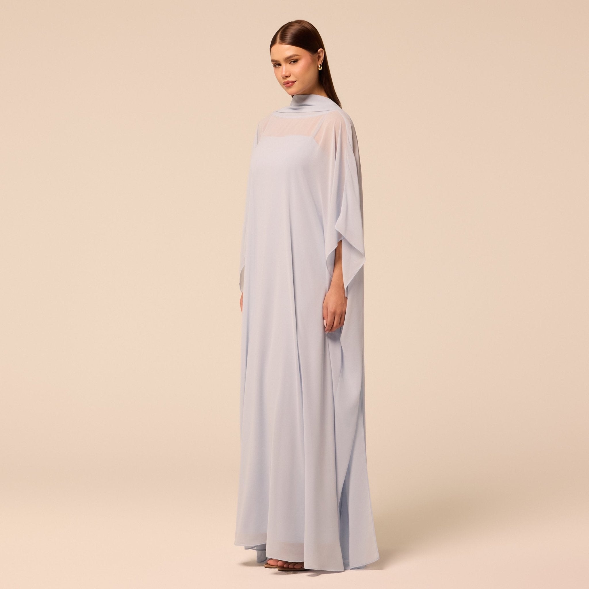 Light Blue Spaghetti Strap Dress with Sheer Chiffon Cape - shopaleena