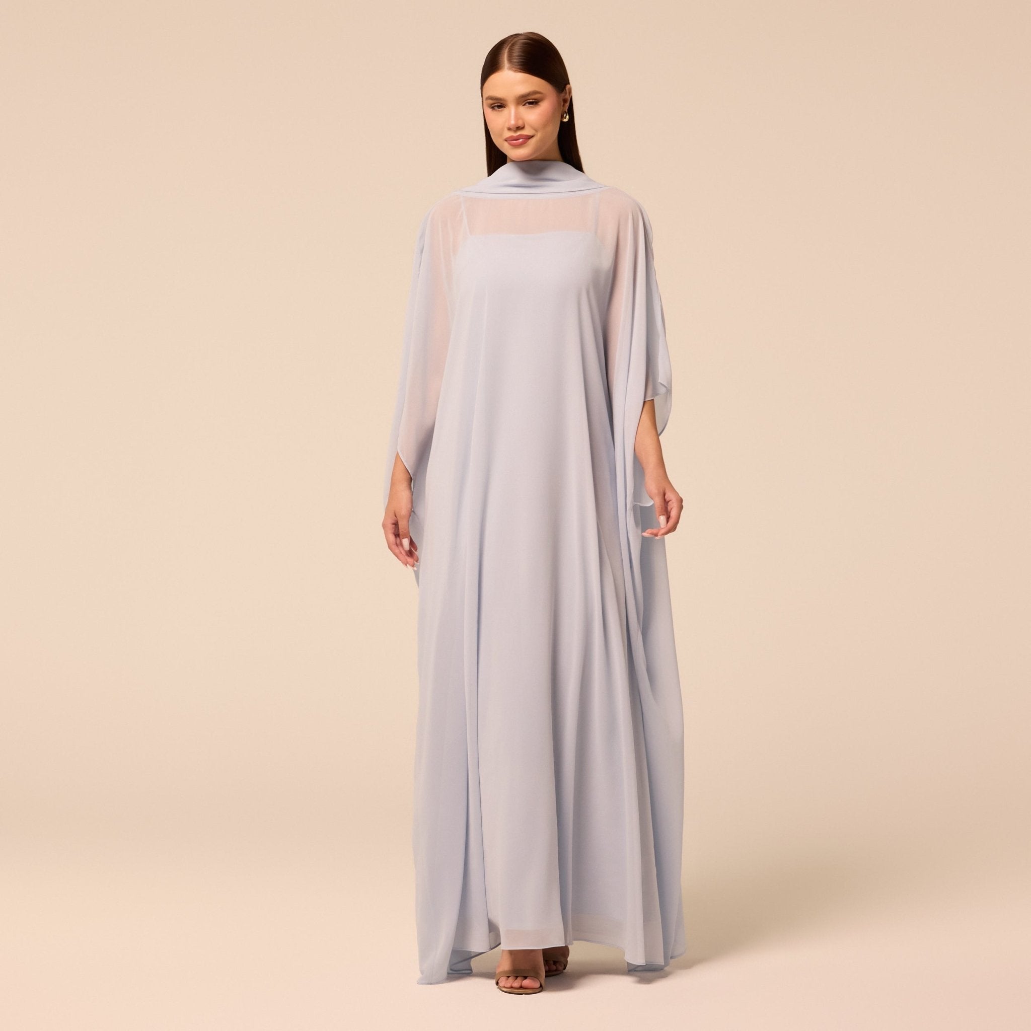 Light Blue Spaghetti Strap Dress with Sheer Chiffon Cape - shopaleena