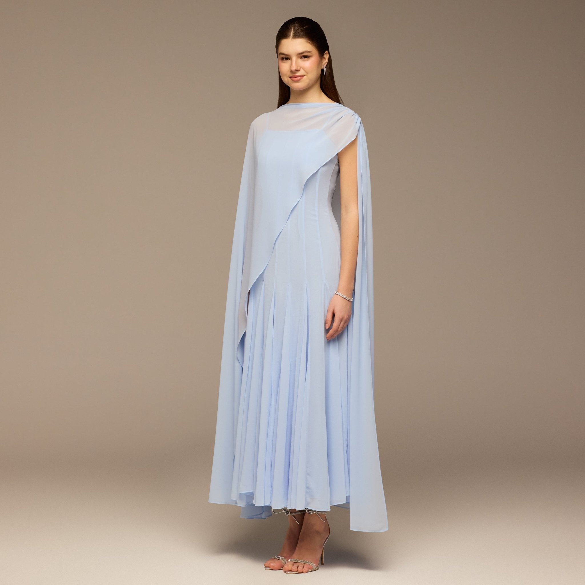 Light Blue Spaghetti Strap Maxi Dress with Sheer Chiffon Cape - shopaleena