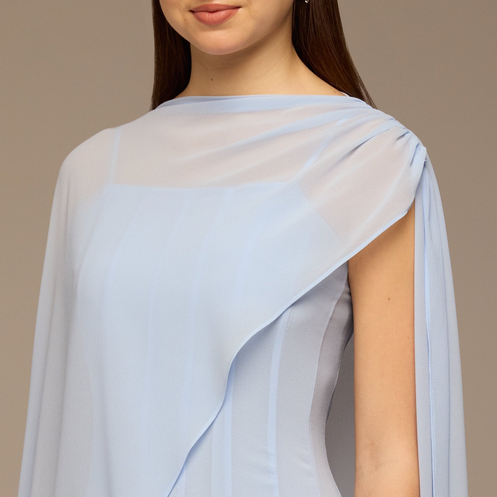 Light Blue Spaghetti Strap Maxi Dress with Sheer Chiffon Cape - shopaleena