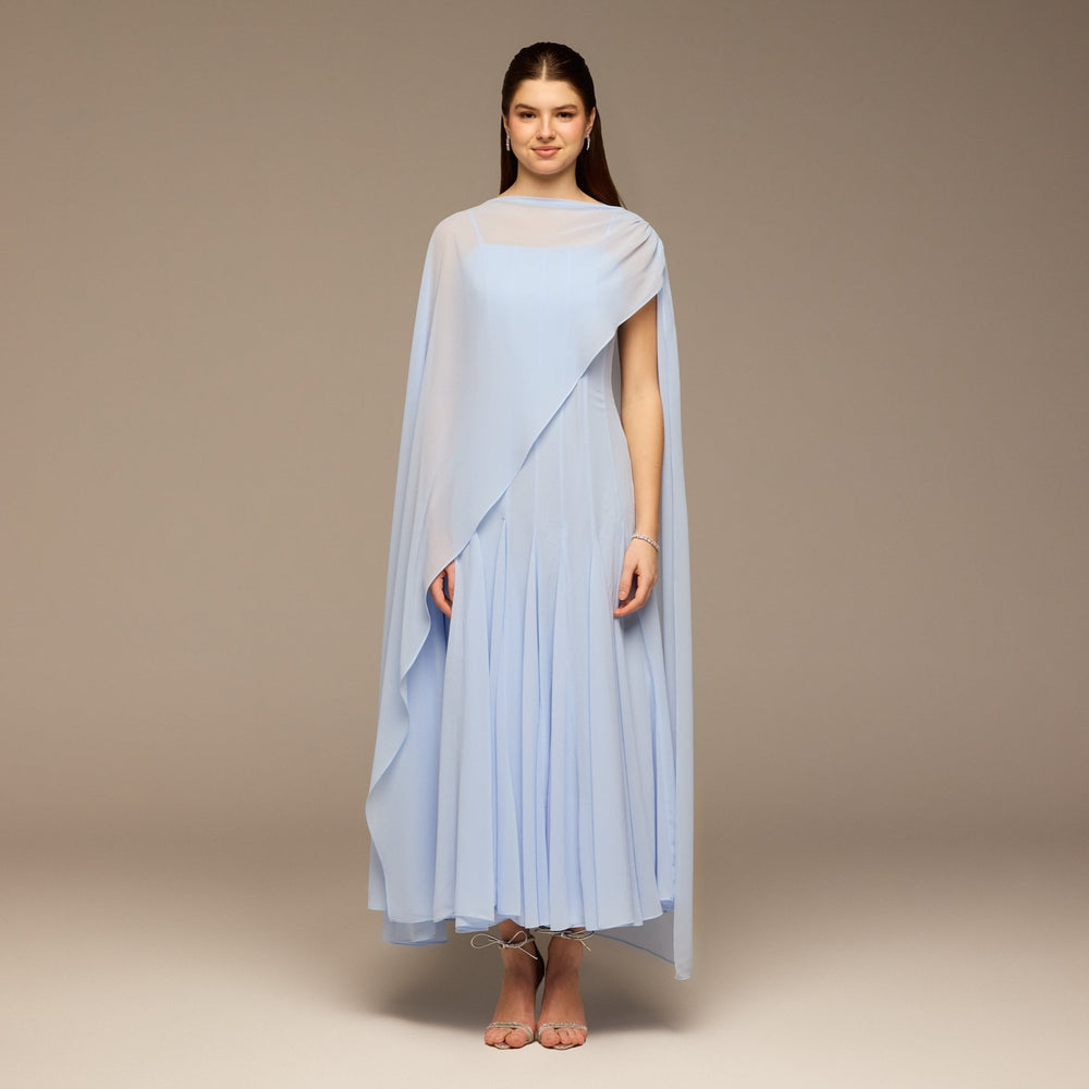 Light Blue Spaghetti Strap Maxi Dress with Sheer Chiffon Cape - shopaleena