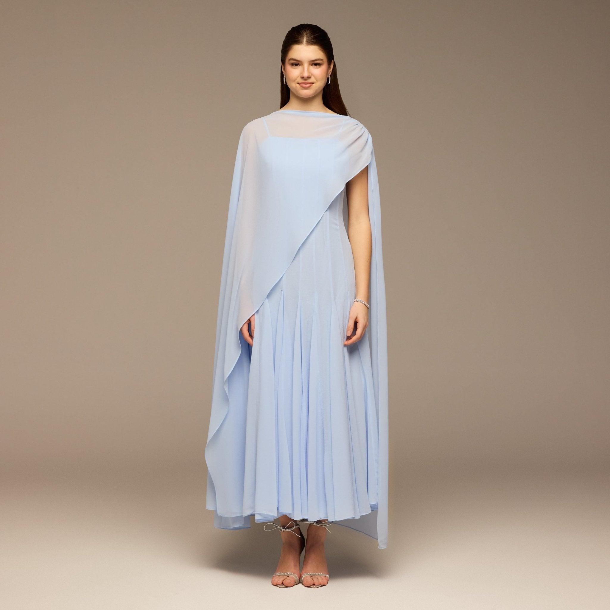 Light Blue Spaghetti Strap Maxi Dress with Sheer Chiffon Cape - shopaleena