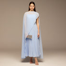 Light Blue Spaghetti Strap Maxi Dress with Sheer Chiffon Cape - shopaleena