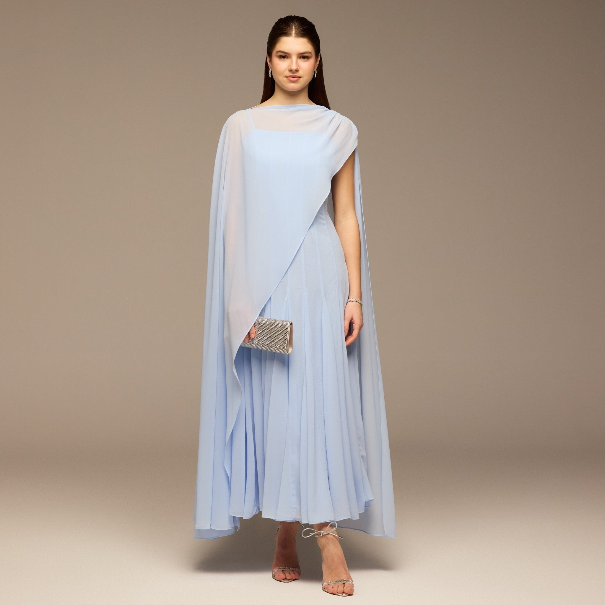 Light Blue Spaghetti Strap Maxi Dress with Sheer Chiffon Cape - shopaleena