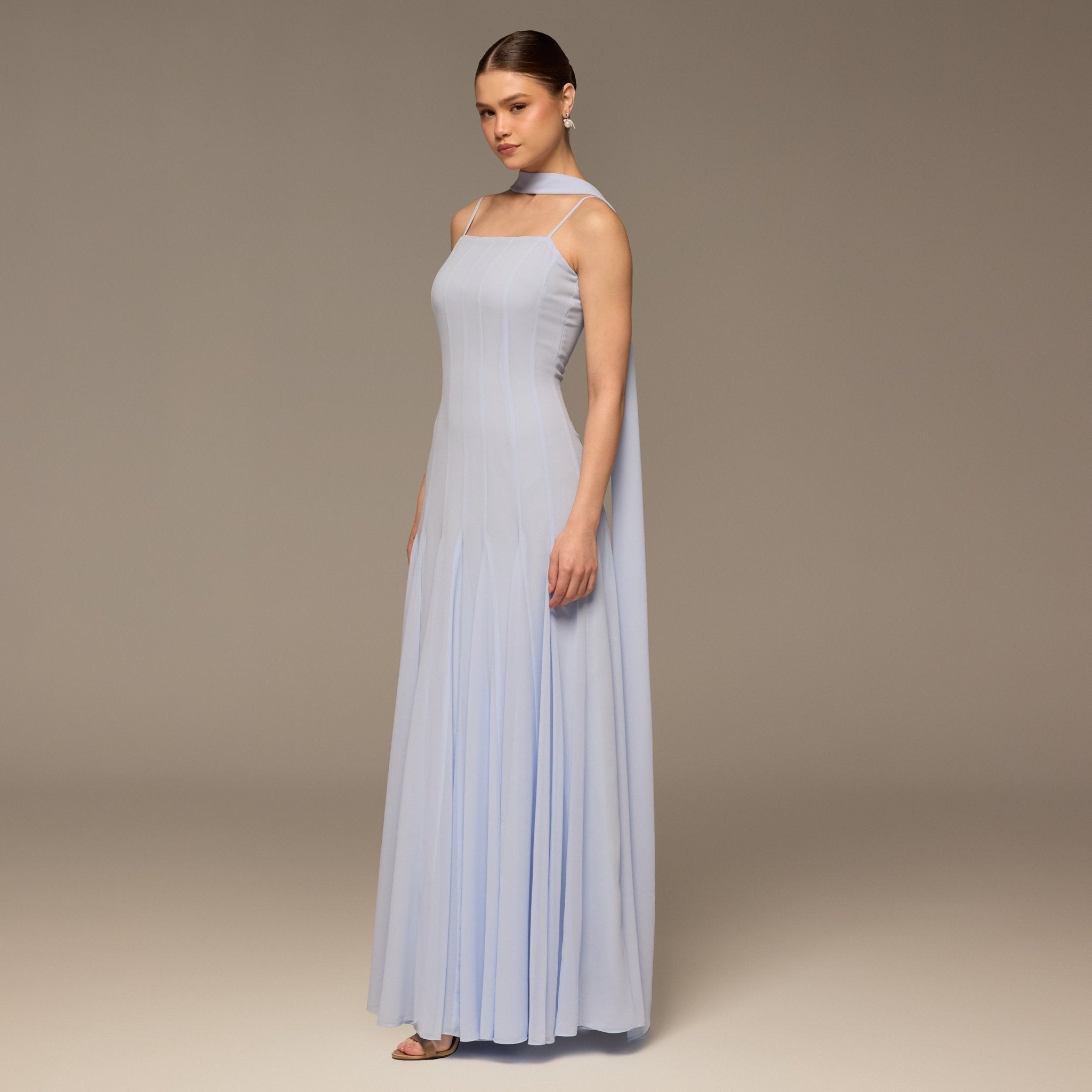 Light Blue Square Neck Maxi Dress with Scarf Detail - shopaleena