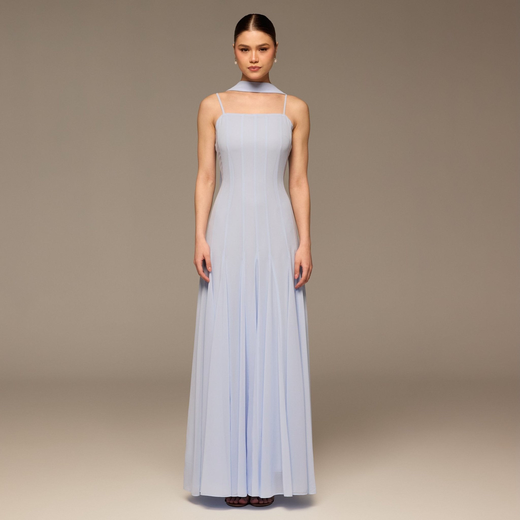 Light Blue Square Neck Maxi Dress with Scarf Detail - shopaleena