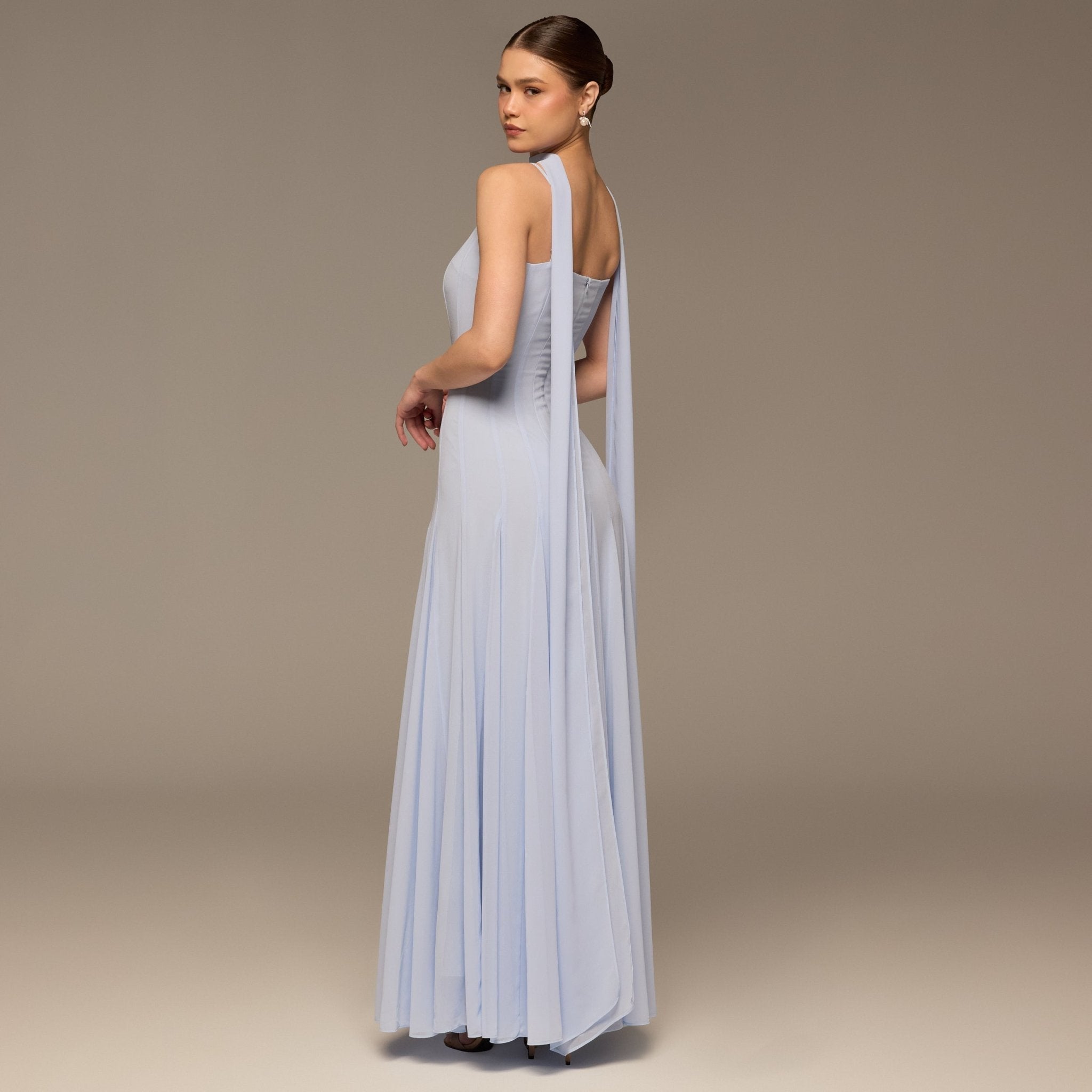 Light Blue Square Neck Maxi Dress with Scarf Detail - shopaleena