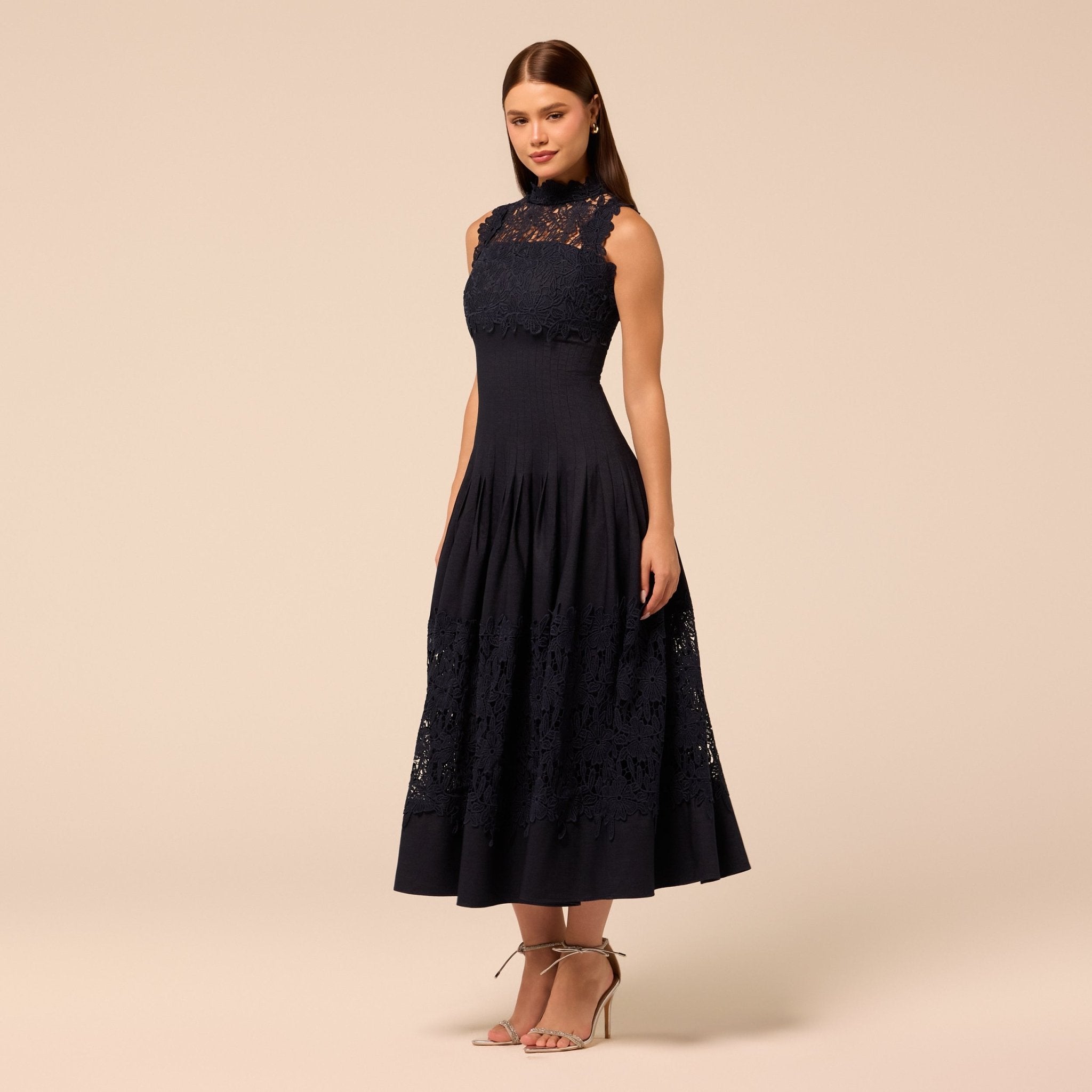 Light Denim Lace-Paneled Cotton Midi Dress - shopaleena