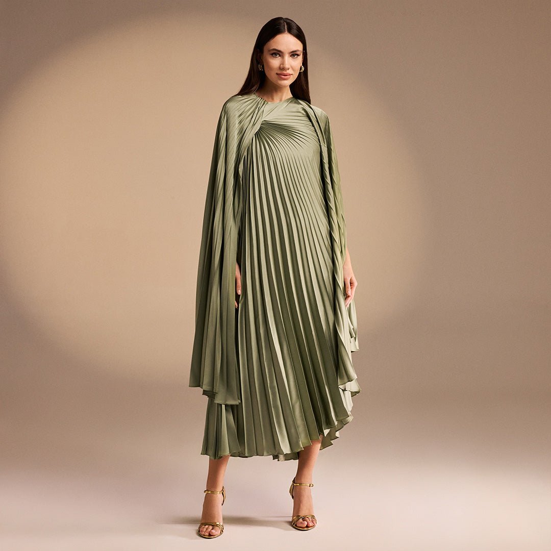 Light Green Cape Pleated Satin Midi Dress - shopaleena