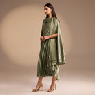 Light Green Cape Pleated Satin Midi Dress - shopaleena