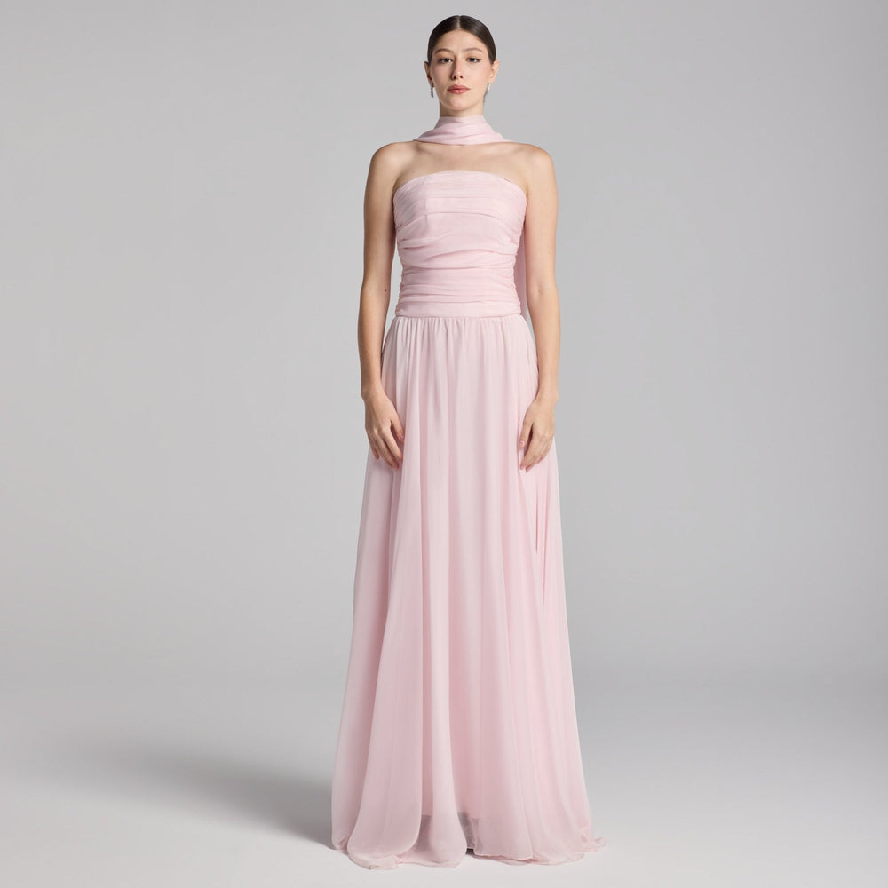 Light Pink Chiffon Strapless Maxi Dress with Scarf – shopaleena Light Pink Chiffon Strapless Maxi Dress with Scarf – shopaleena