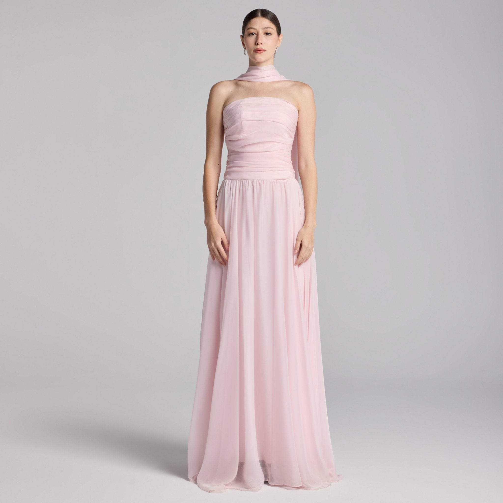 Light Pink Chiffon Strapless Maxi Dress with Scarf - shopaleena