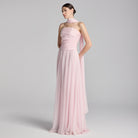 Light Pink Chiffon Strapless Maxi Dress with Scarf - shopaleena