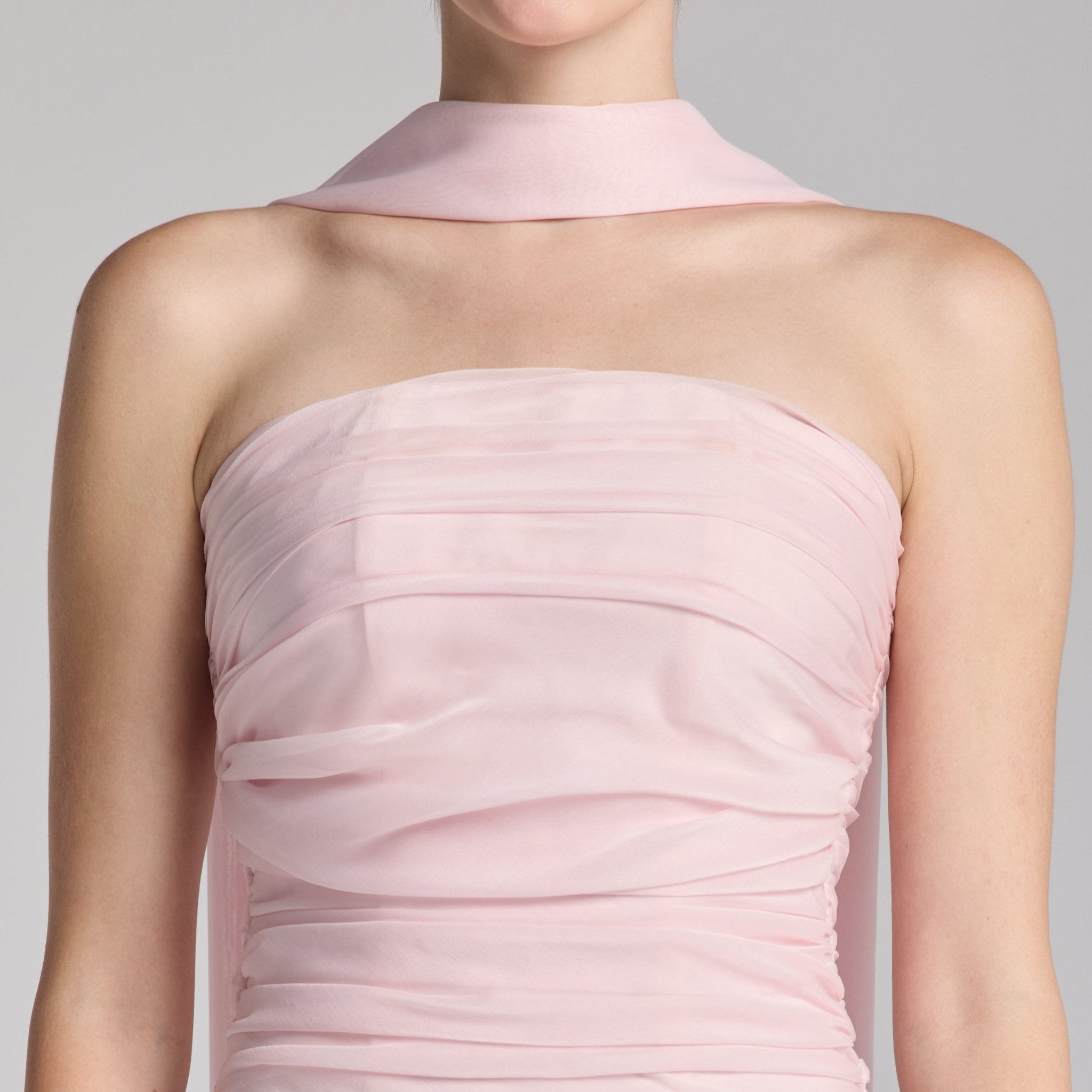 Light Pink Chiffon Strapless Maxi Dress with Scarf - shopaleena
