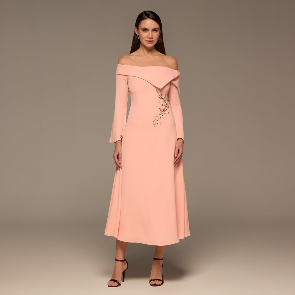 Light Pink Embroidered Fold - Neck Crepe Dress - shopaleena