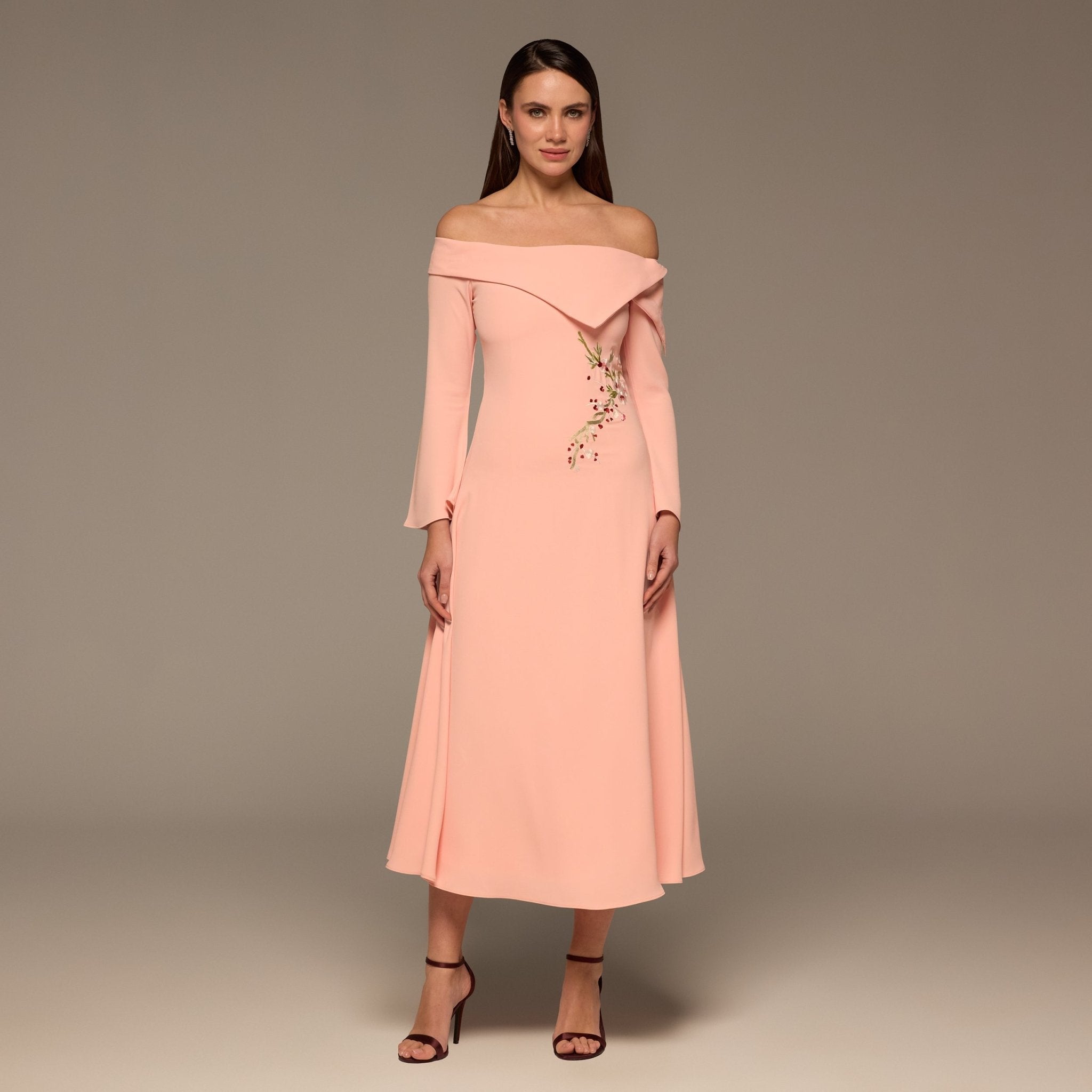 Light Pink Embroidered Fold - Neck Crepe Dress - shopaleena