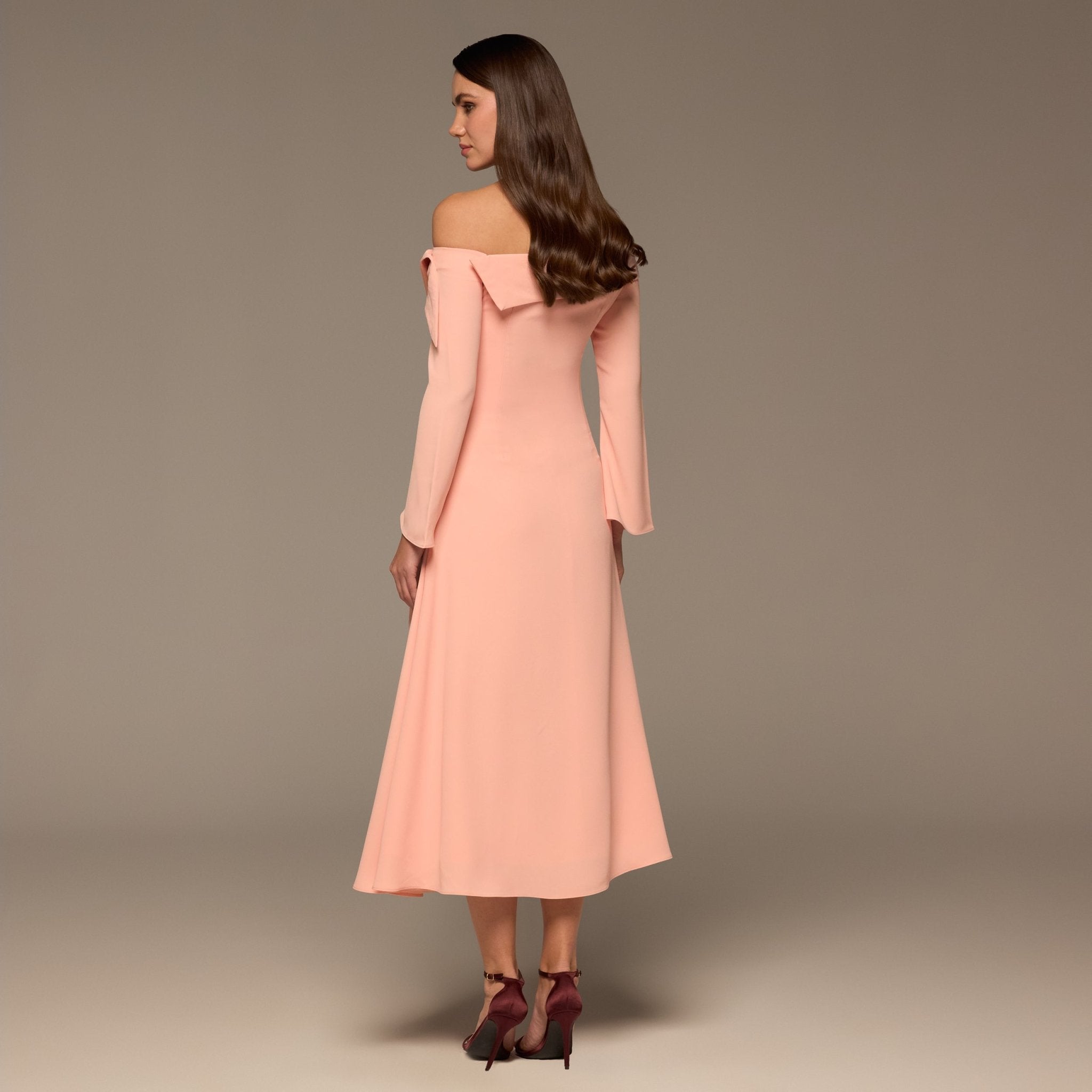 Light Pink Embroidered Fold - Neck Crepe Dress - shopaleena