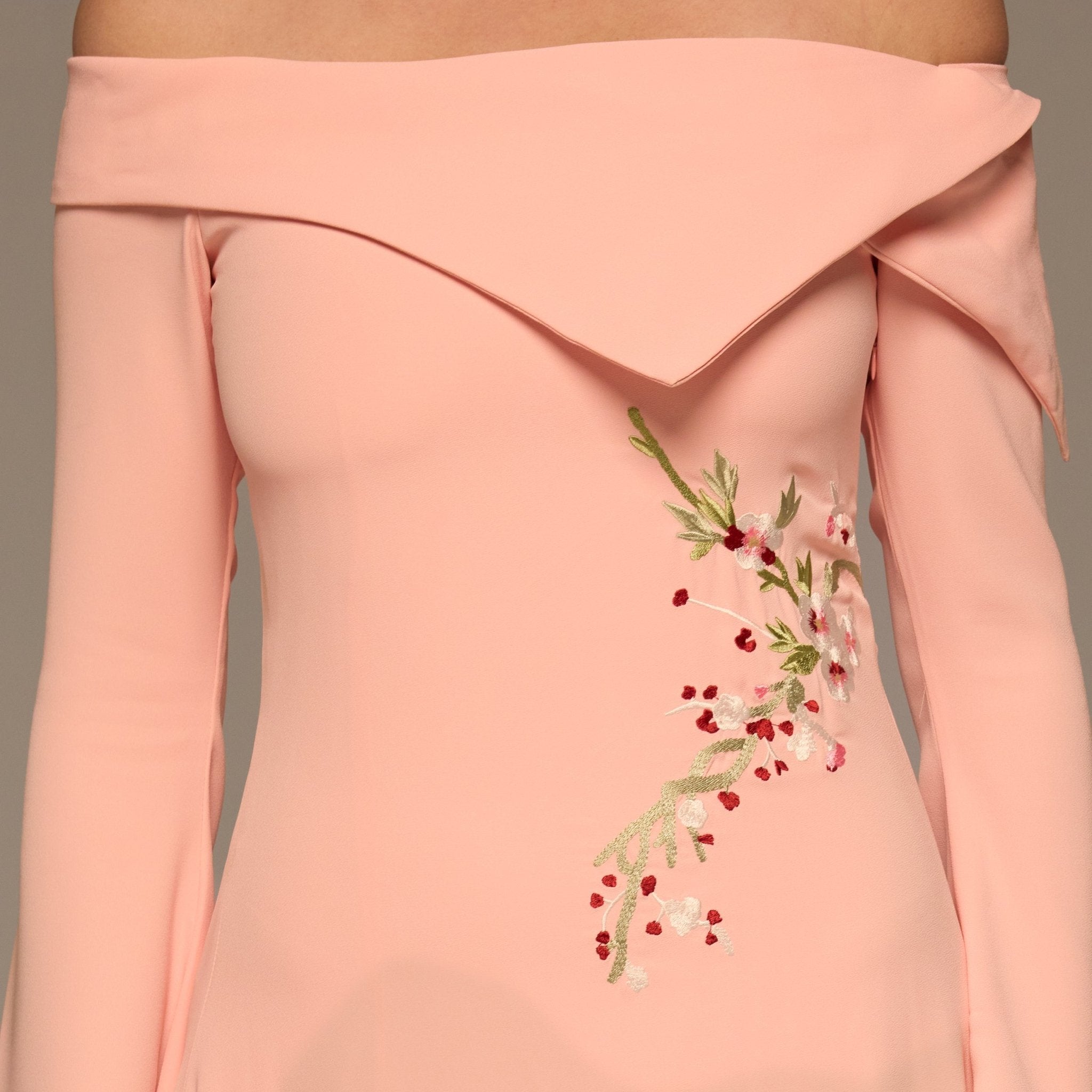 Light Pink Embroidered Fold - Neck Crepe Dress - shopaleena