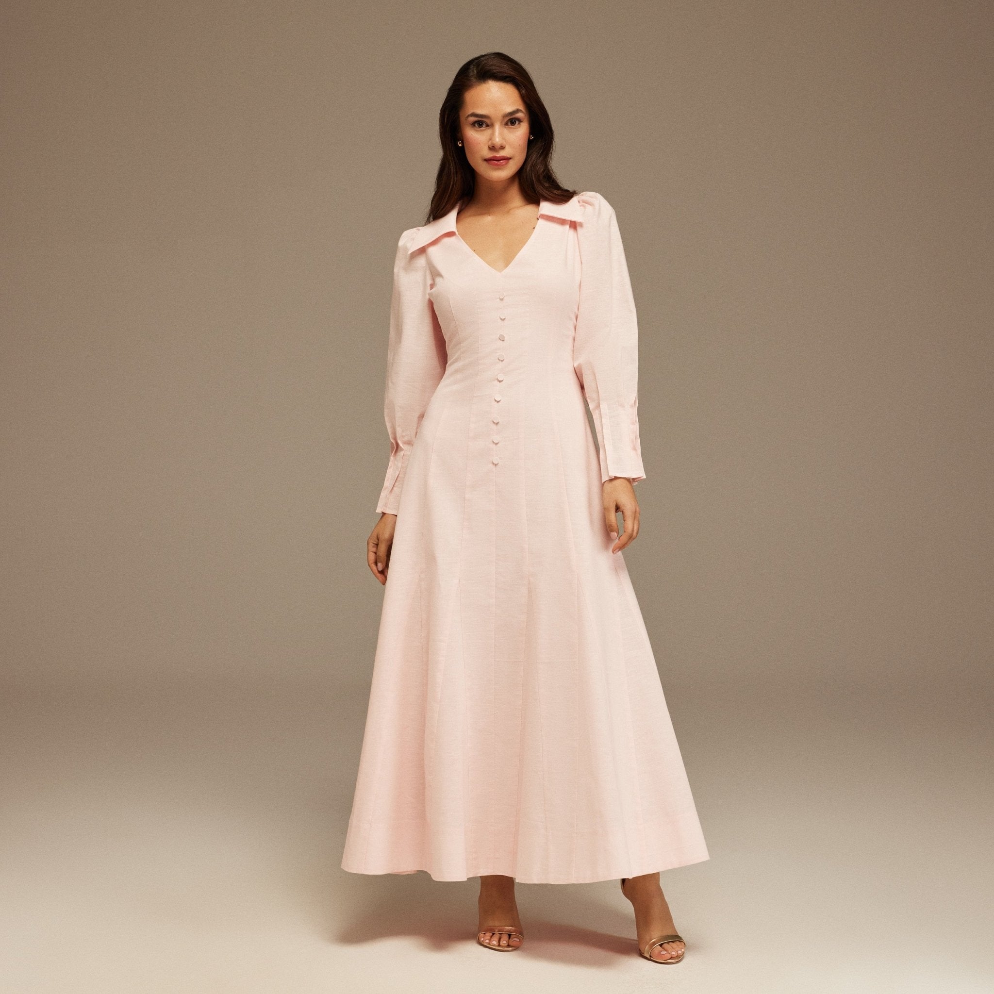 Light Pink Long Sleeve Shirt Maxi Dress - shopaleena