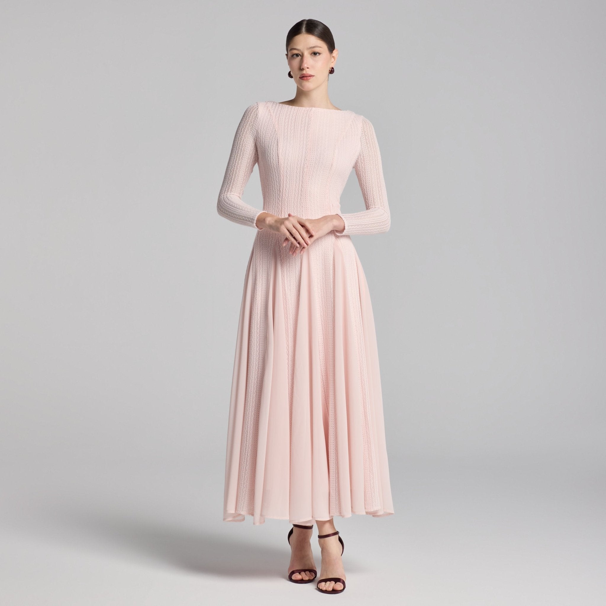 Light Pink Long Sleeves Godet Maxi Dress - shopaleena