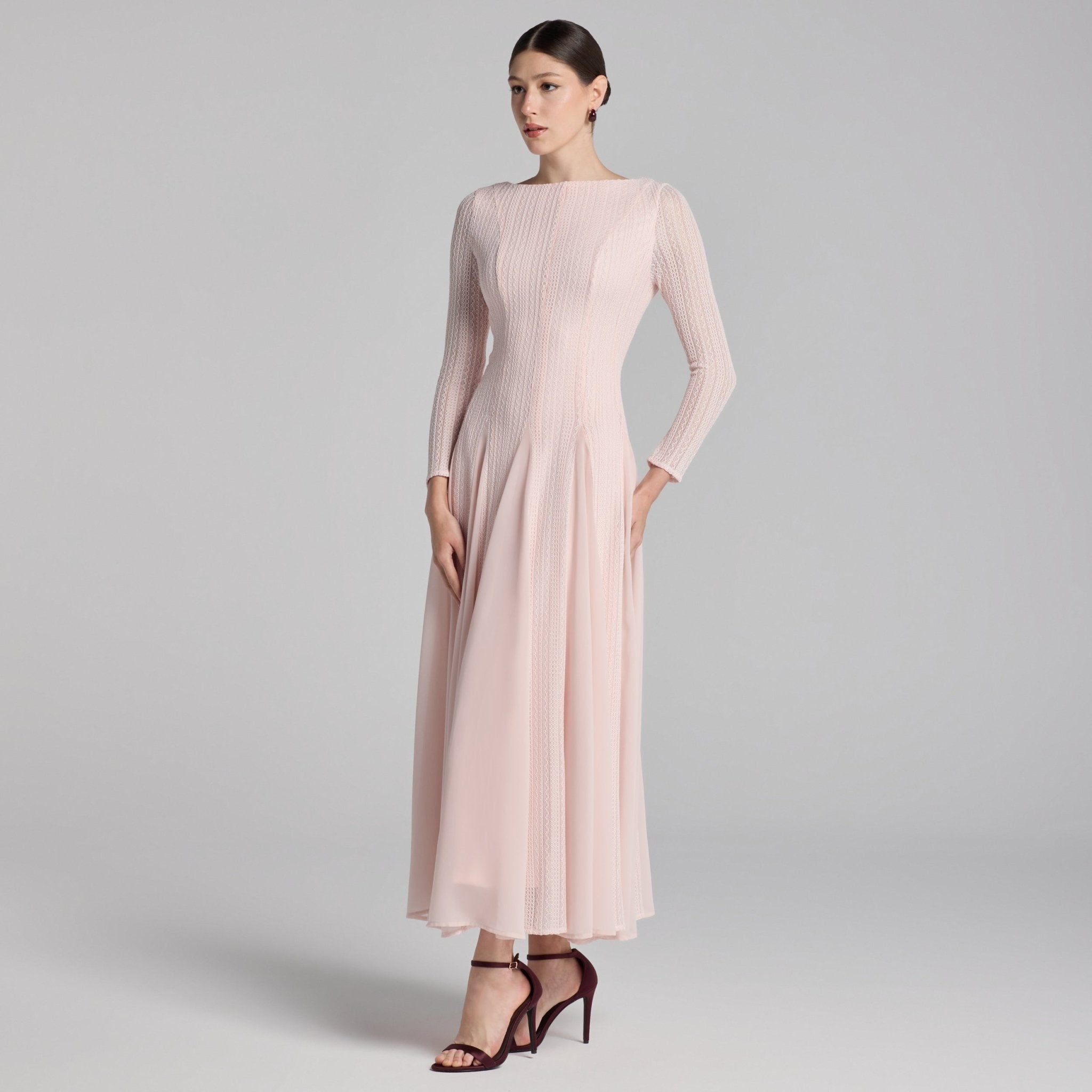 Light Pink Long Sleeves Godet Maxi Dress - shopaleena