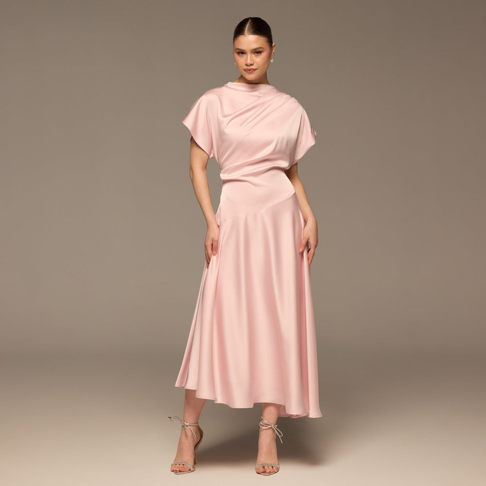 Light Pink Short Sleeve Asymmetric Satin Dress - shopaleena