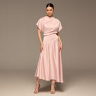 Light Pink Short Sleeve Asymmetric Satin Dress - shopaleena