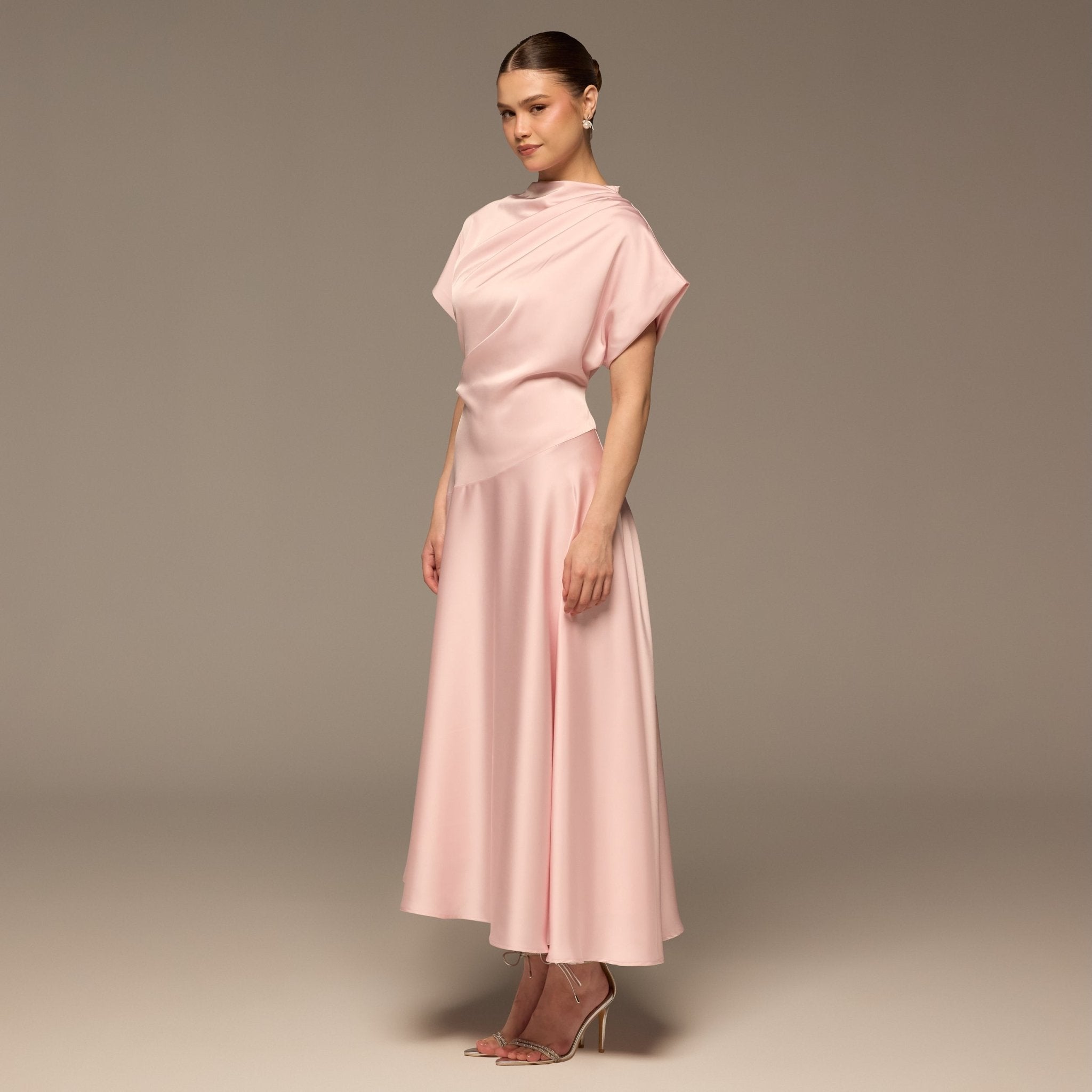 Light Pink Short Sleeve Asymmetric Satin Dress - shopaleena