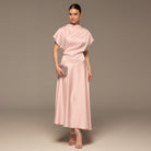 Light Pink Short Sleeve Asymmetric Satin Dress - shopaleena