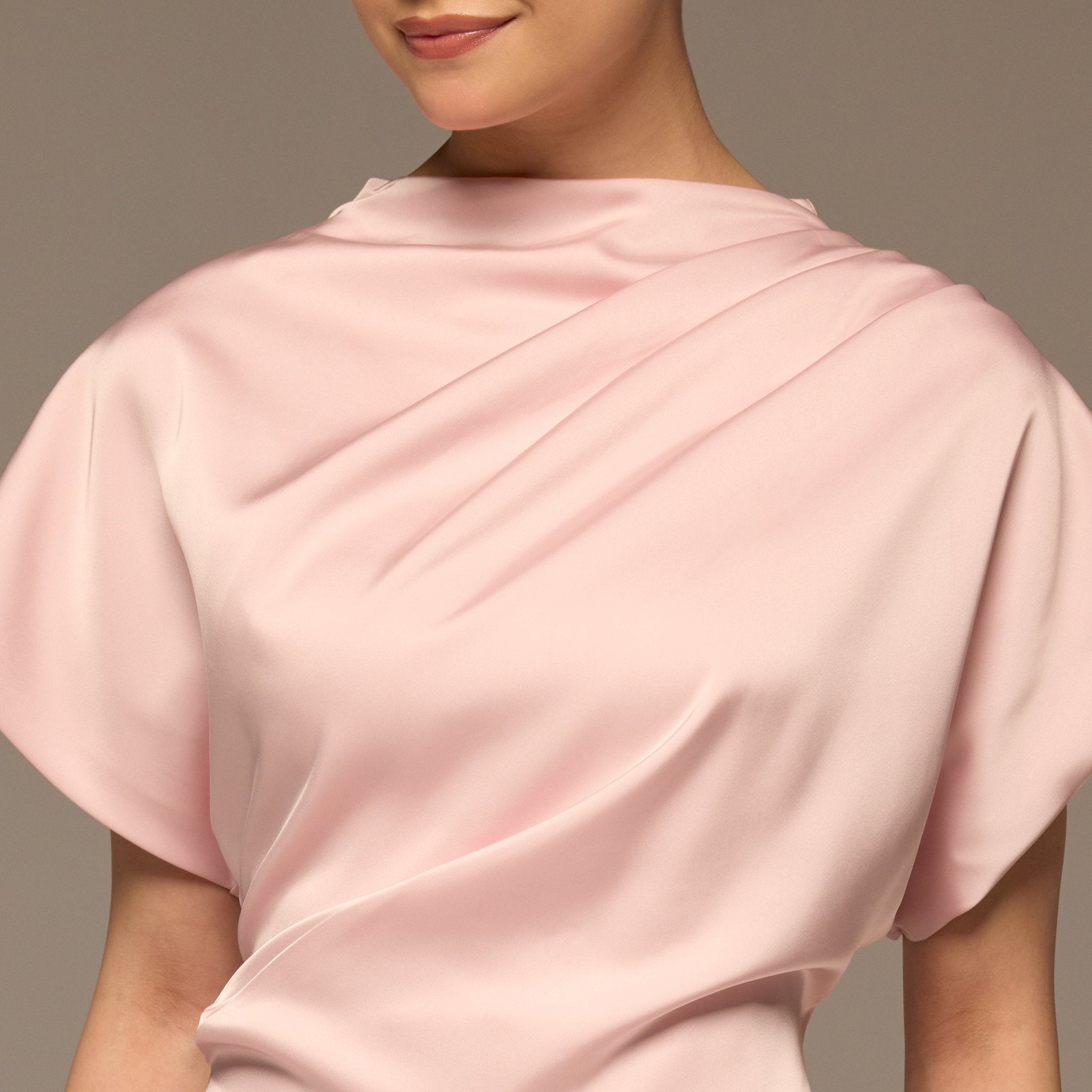Light Pink Short Sleeve Asymmetric Satin Dress - shopaleena