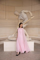 Light Pink Spaghetti Strap Maxi Dress with Sheer Chiffon Cape - shopaleena