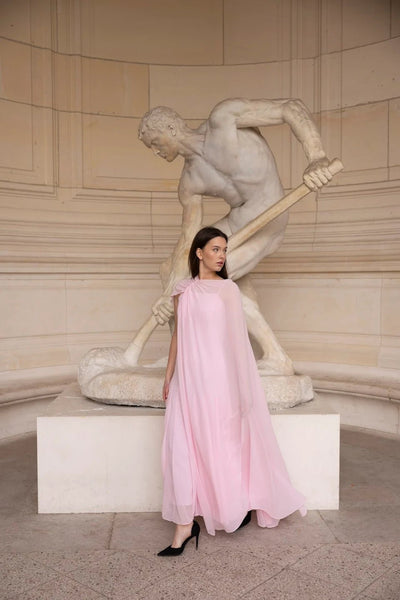 Light Pink Spaghetti Strap Maxi Dress with Sheer Chiffon Cape - shopaleena
