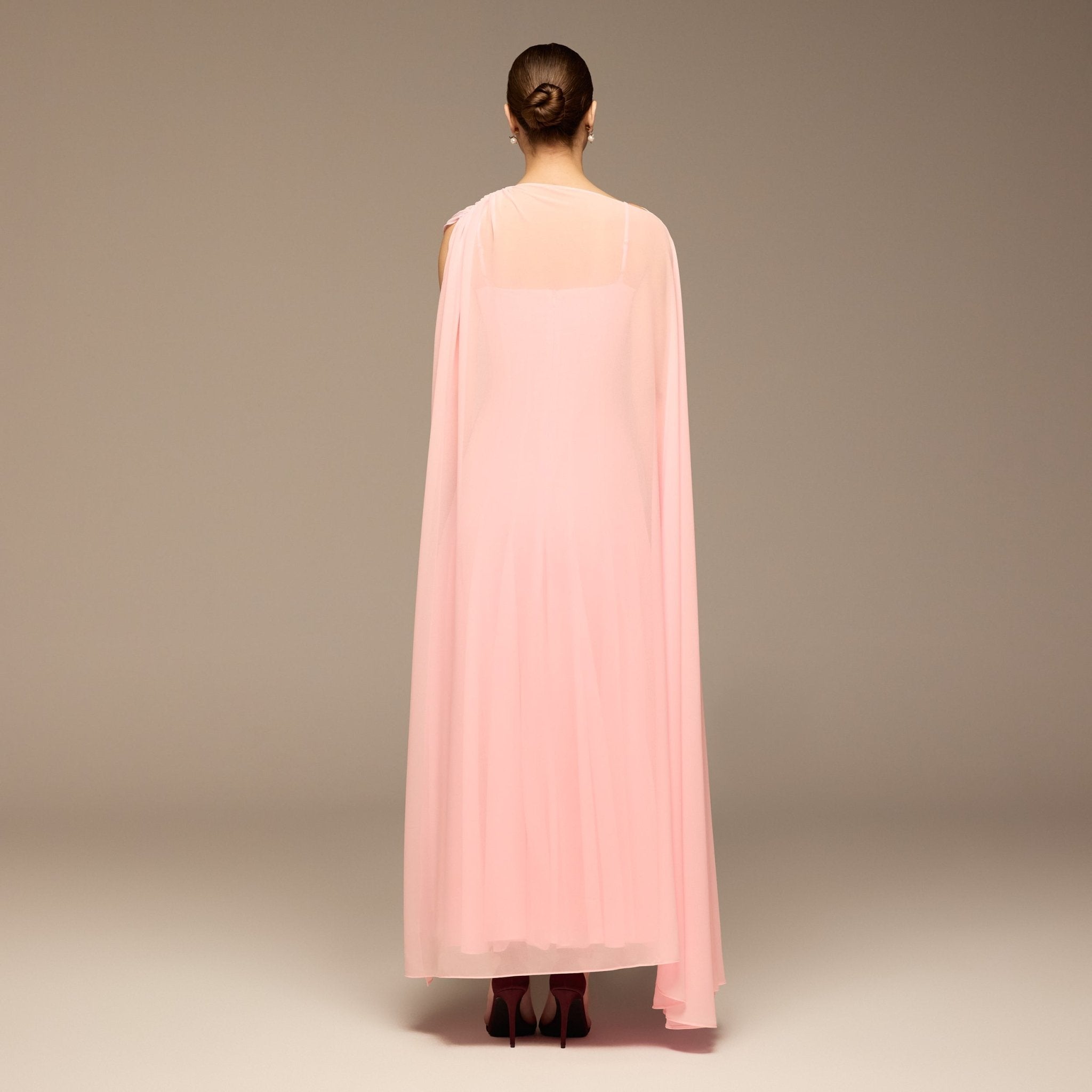 Light Pink Spaghetti Strap Maxi Dress with Sheer Chiffon Cape - shopaleena