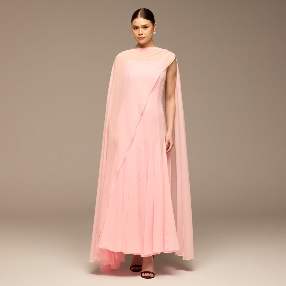 Light Pink Spaghetti Strap Maxi Dress with Sheer Chiffon Cape - shopaleena