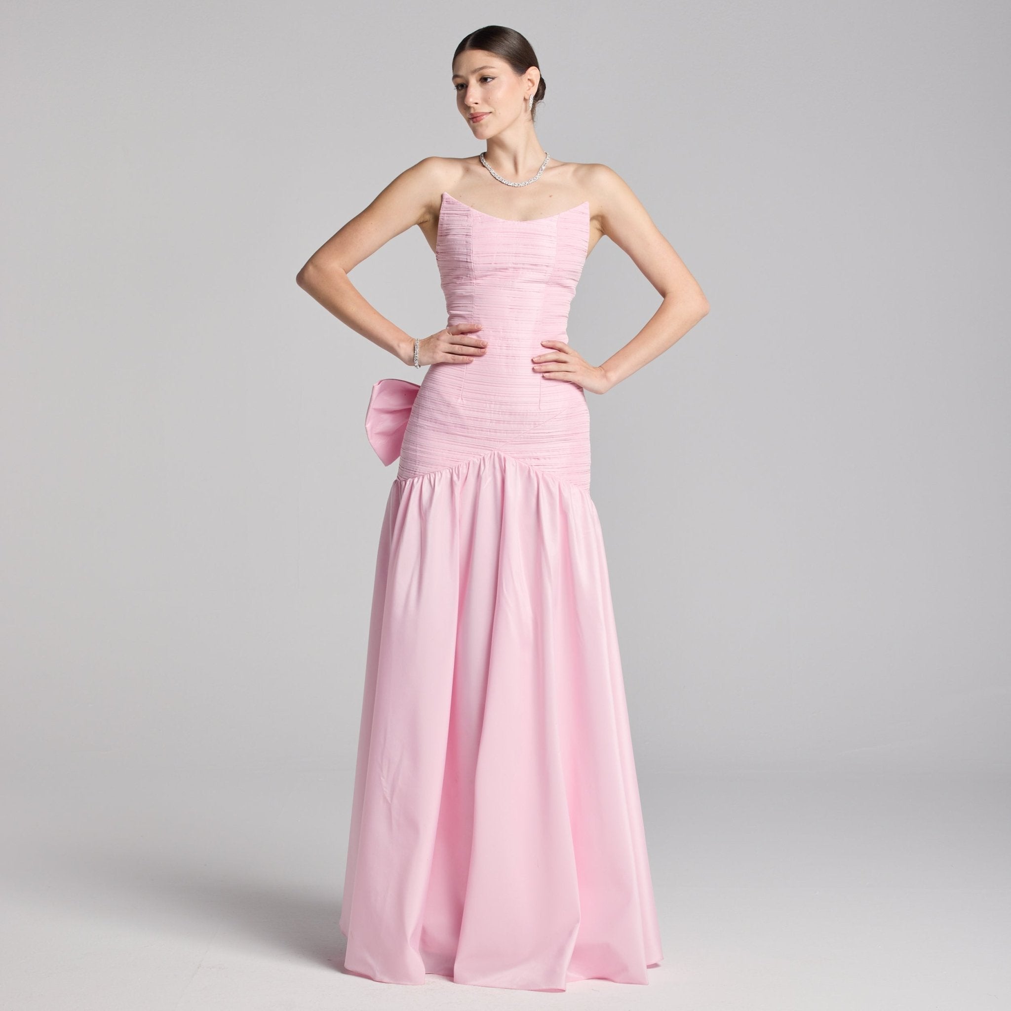 Light Pink Strapless Ruched Taffeta Gown - shopaleena
