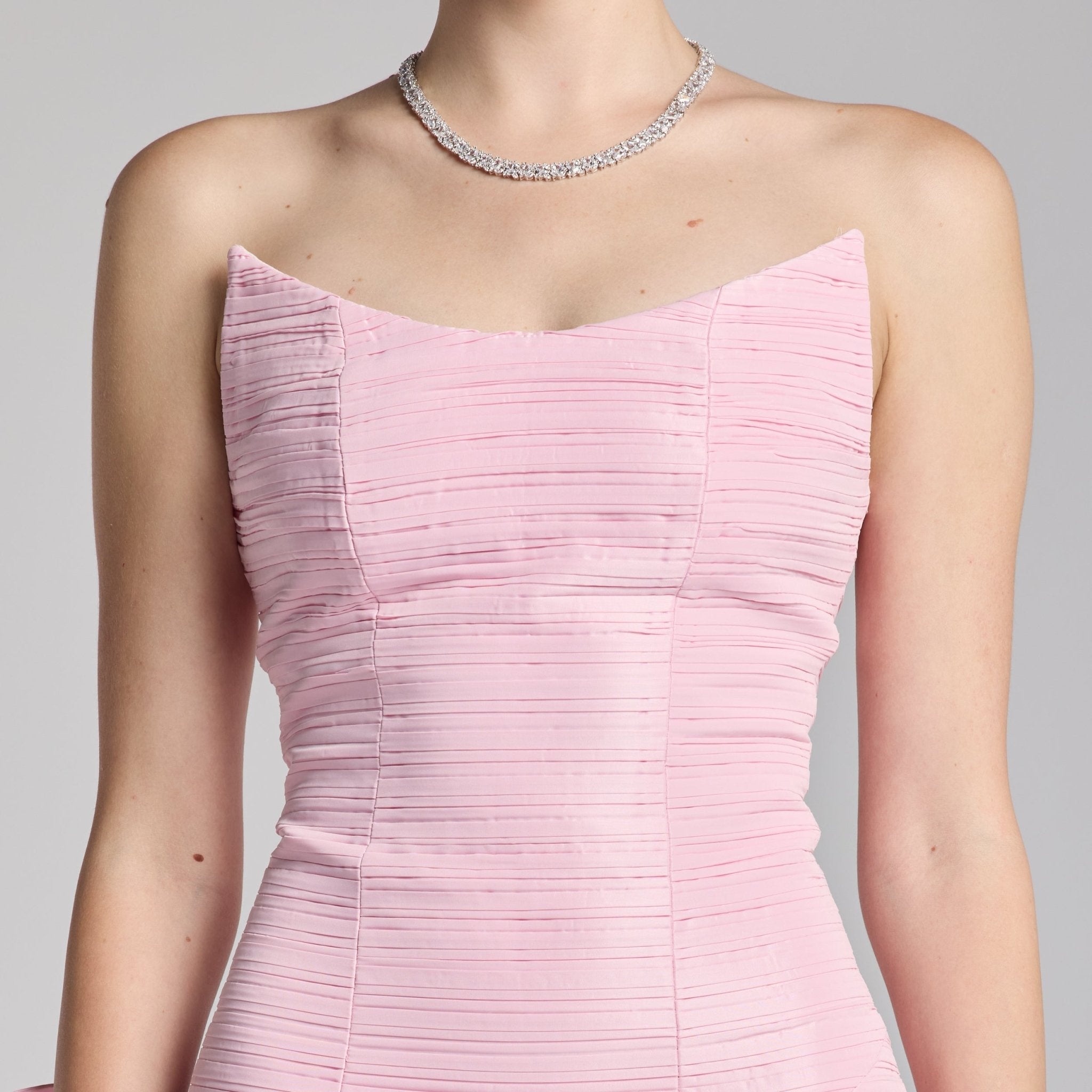 Light Pink Strapless Ruched Taffeta Gown - shopaleena