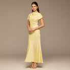 Light Yellow Draped Neckline Satin Maxi Dress - shopaleena