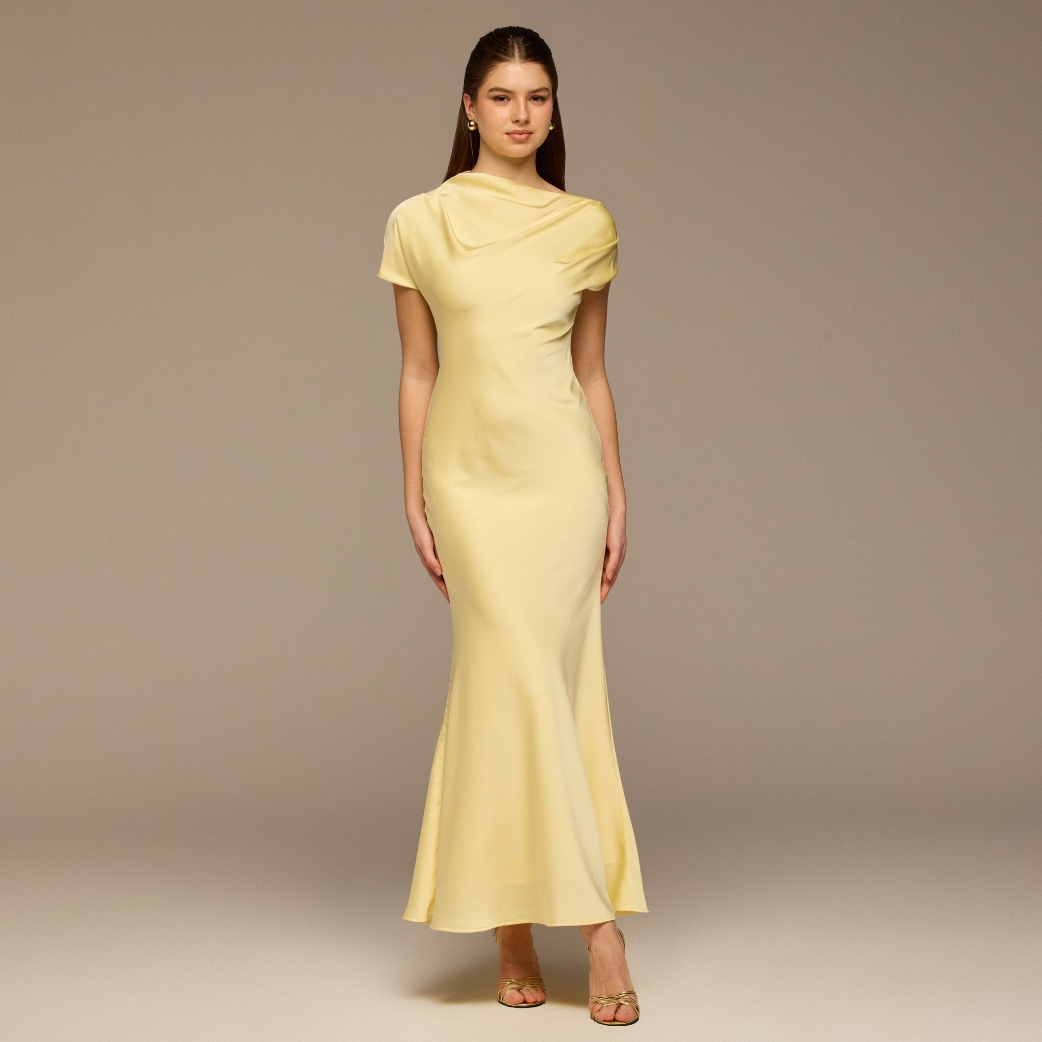 Light Yellow Draped Neckline Satin Maxi Dress - shopaleena