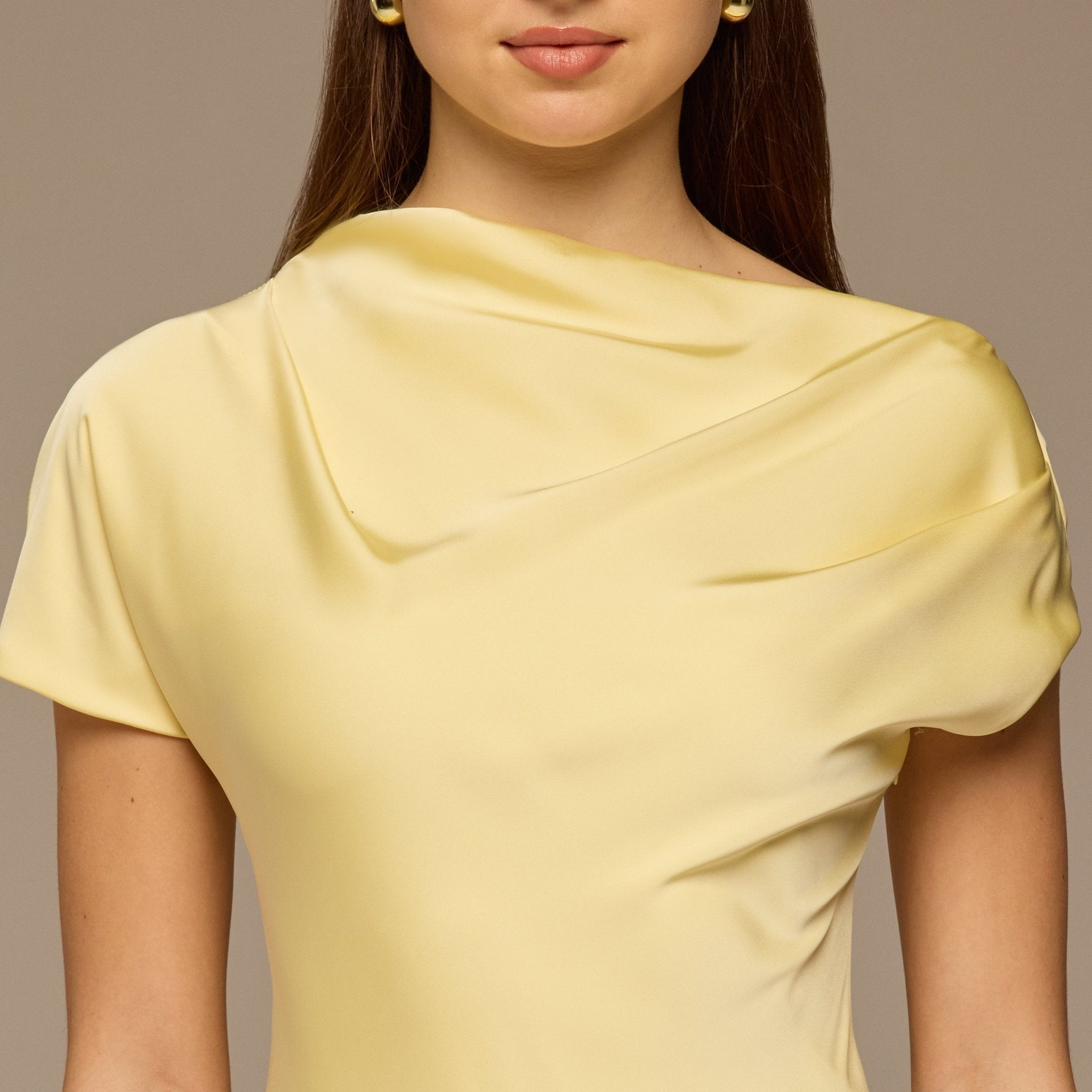 Light Yellow Draped Neckline Satin Maxi Dress - shopaleena